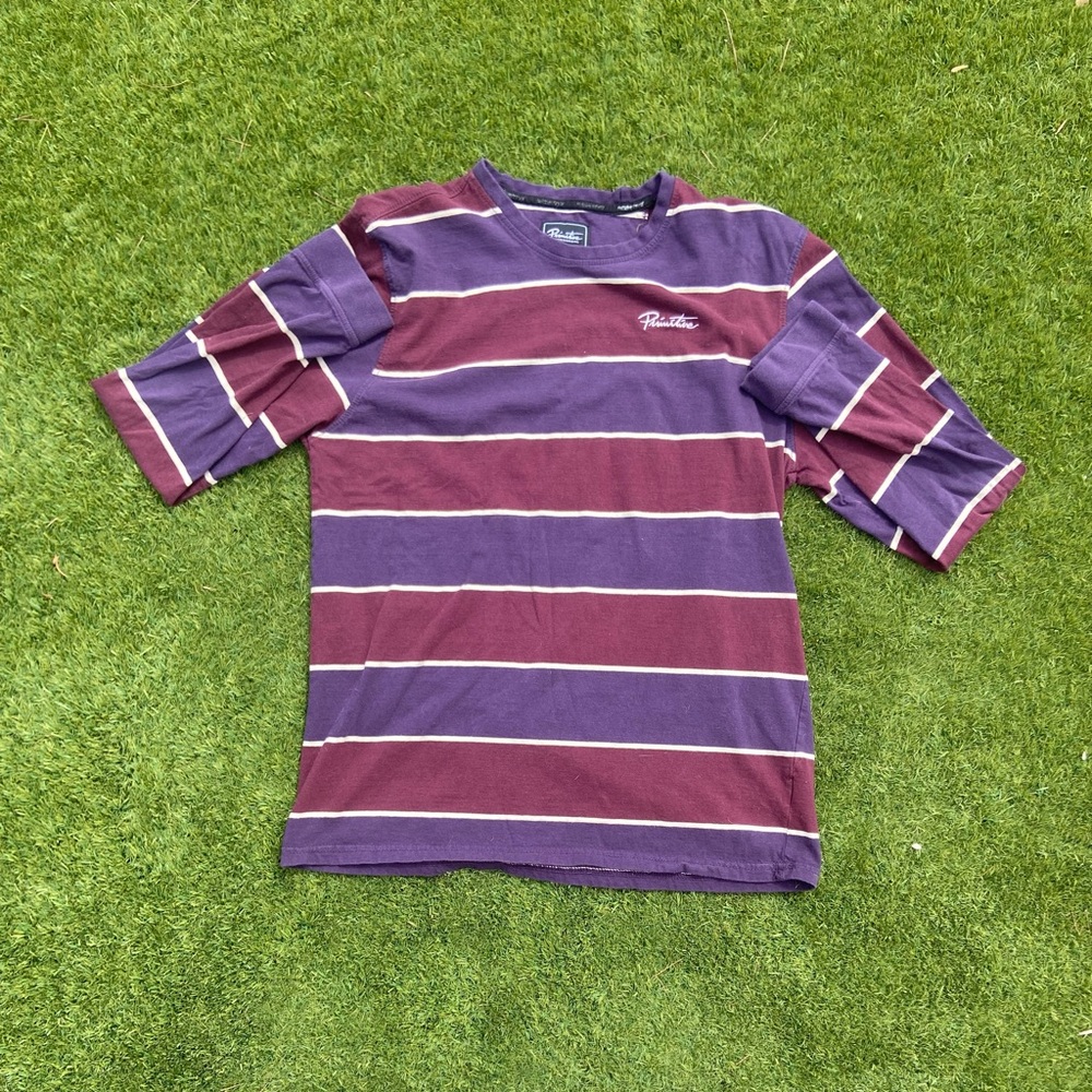 Primitive skateboarding long sleeve purple and maroon stripped shirt